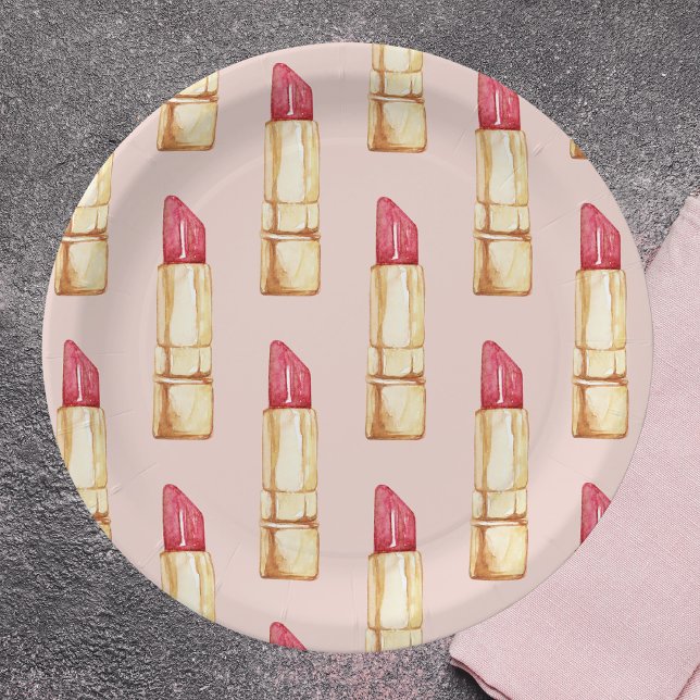 Modern Pastel Pink & Red Lipstick Pattern Girly Paper Plate (Creator Uploaded)