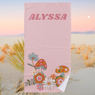 Modern Pastel Pink Retro Mushrooms and Floral Beach Towel