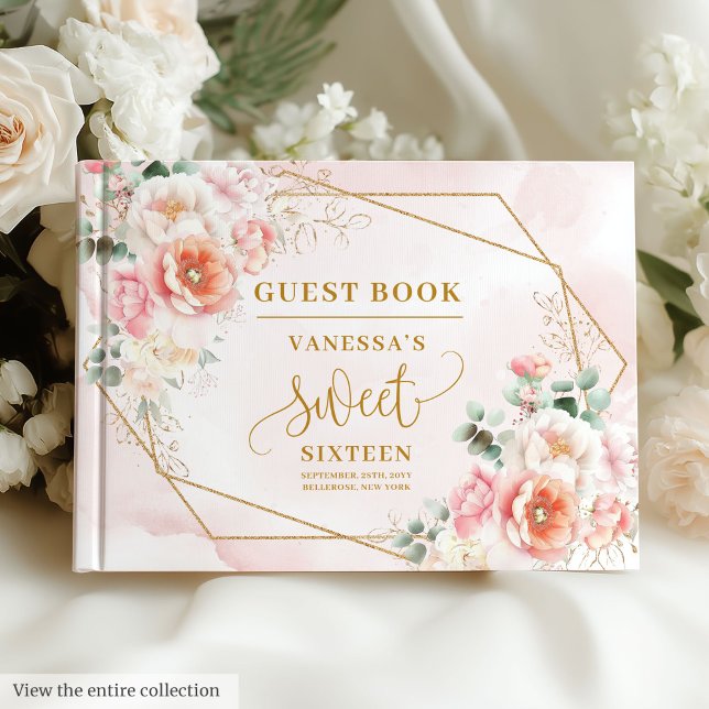 Modern Pastel Pink Sage Gold Floral Sweet Sixteen  Guest Book (Modern Pastel Pink Sage Gold Floral Sweet Sixteen Guest Book)