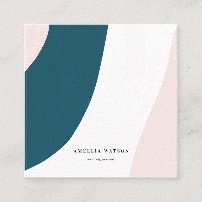 Modern Pastel Pink, Teal & White Brush Strokes Square Business Card (Front)