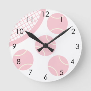 Modern Pastel Pink Tennis Ball Racket Round Clock
