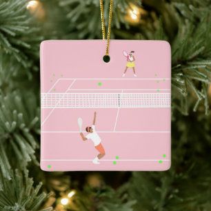 Modern Pastel Pink Tennis Match Ceramic Ornament
