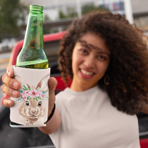 Modern Pastel Pink Watercolor Bunny With Flowers Can Cooler