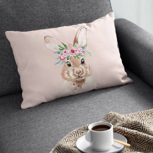Modern Pastel Pink Watercolor Bunny With Flowers Decorative Cushion