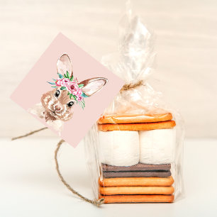 Modern Pastel Pink Watercolor Bunny With Flowers Favour Tags