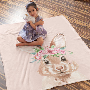 Modern Pastel Pink Watercolor Bunny With Flowers Fleece Blanket