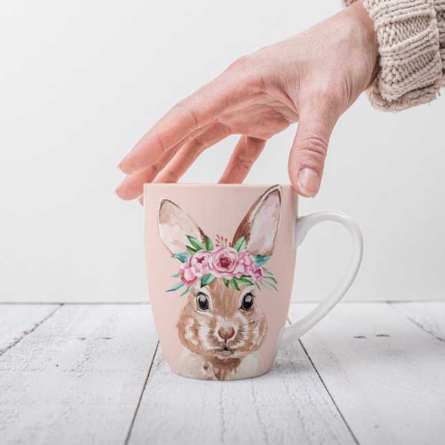 Modern Pastel Pink Watercolor Bunny With Flowers Latte Mug (Creator Uploaded)