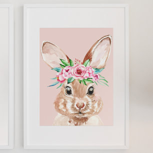 Modern Pastel Pink Watercolor Bunny With Flowers Poster