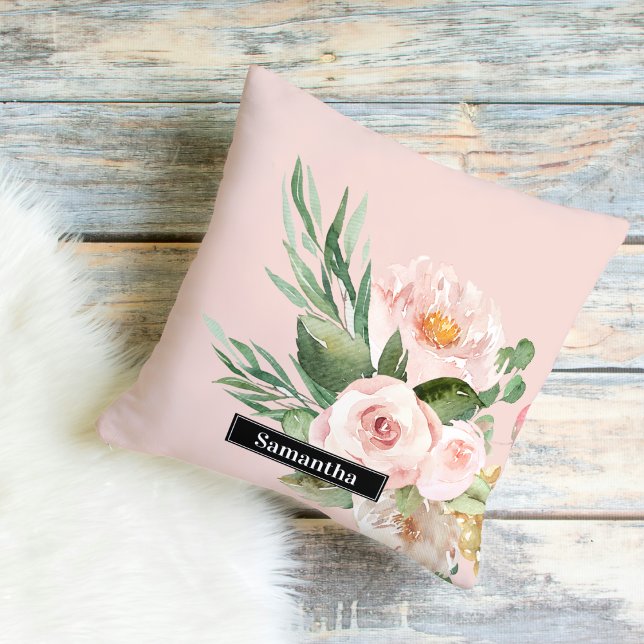 Modern Pastel Pink Watercolor Flowers & Name Cushion (Creator Uploaded)