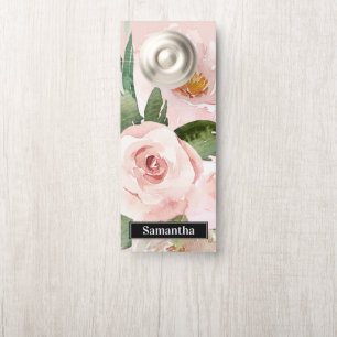 Modern Pastel Pink Watercolor Flowers & Name Door Hanger