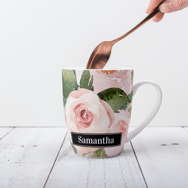 Modern Pastel Pink Watercolor Flowers & Name Latte Mug (Creator Uploaded)