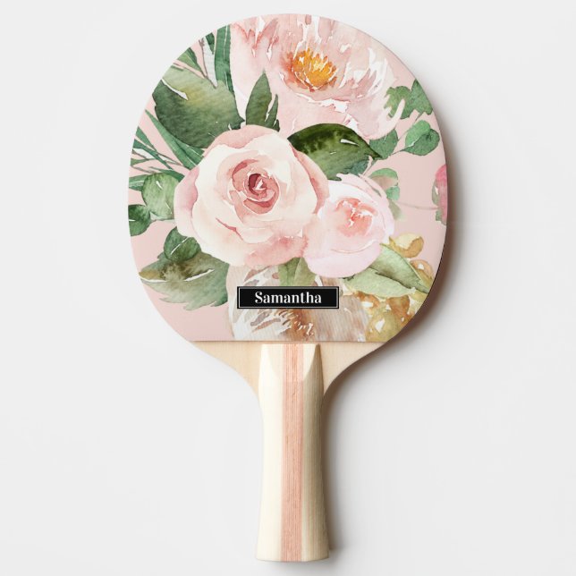 Modern Pastel Pink Watercolor Flowers & Name Ping Pong Paddle (Front)