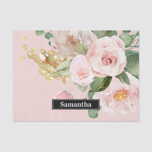 Modern Pastel Pink Watercolor Flowers & Name Tissue Paper (Front)