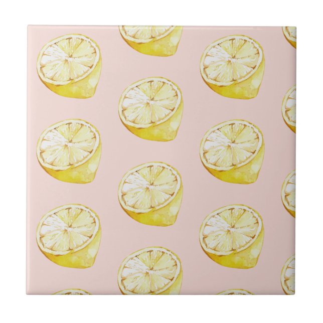 Modern Pastel Pink &  Yellow Lemons Pattern Tile (Front)