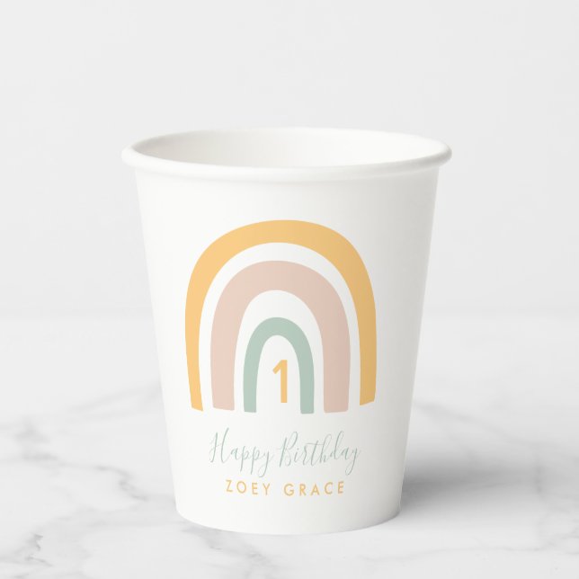 Modern Pastel Rainbow Girl's Birthday Age Paper Cups (Front)