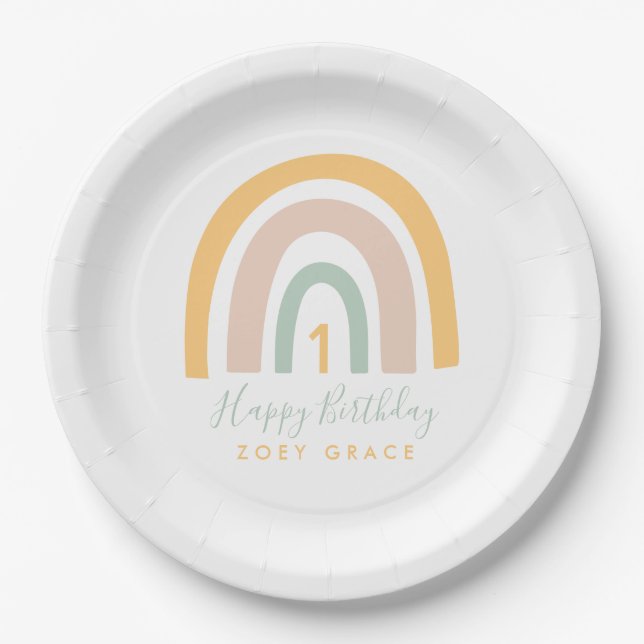 Modern Pastel Rainbow Girl's Birthday Paper Plate (Front)
