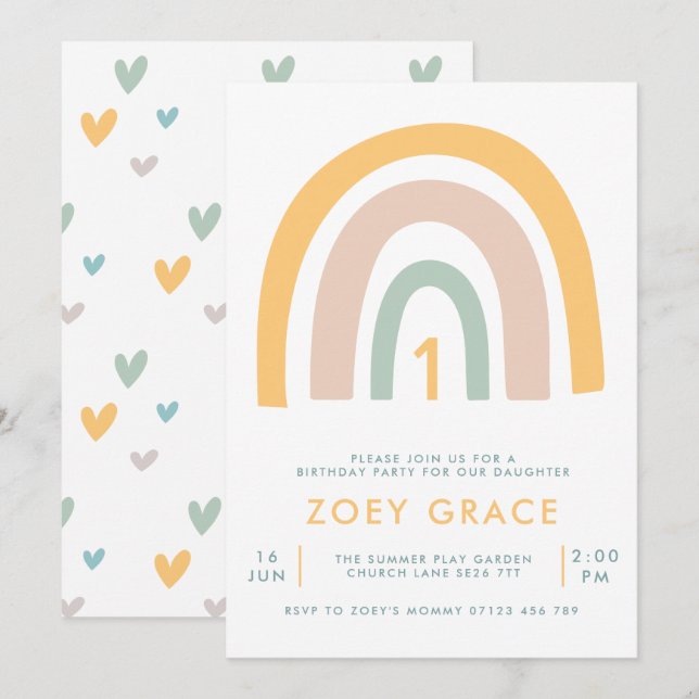 Modern Pastel Rainbow Girl's First Birthday Invitation (Front/Back)