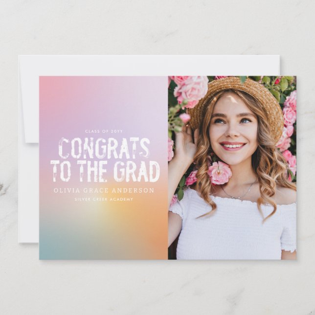 Modern pastel rainbow pink girly photo graduatio invitation (Front)