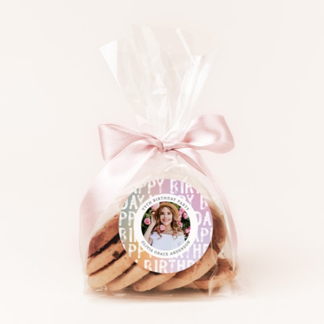 Modern pastel rainbow pink photo birthday party classic round sticker (Creator Uploaded)