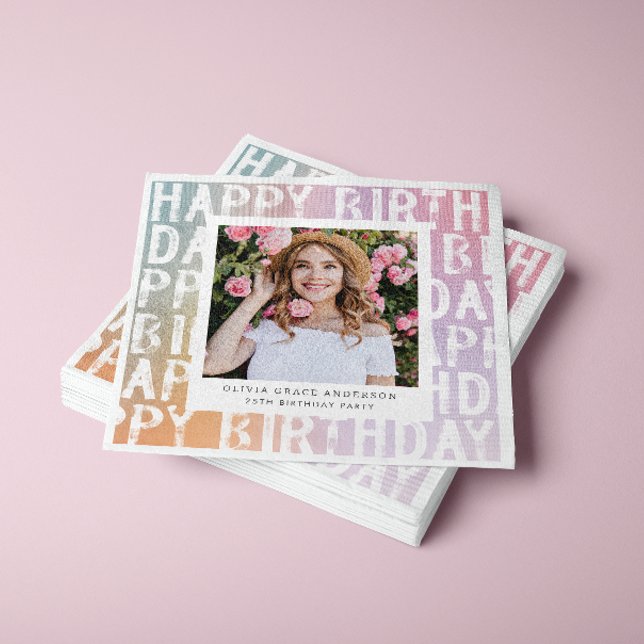 Modern pastel rainbow pink photo birthday party napkin (Creator Uploaded)