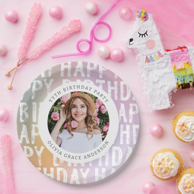 Modern pastel rainbow pink photo birthday party paper plate (Party)