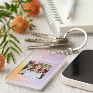 Modern pastel rainbow pink photo graduation party key ring