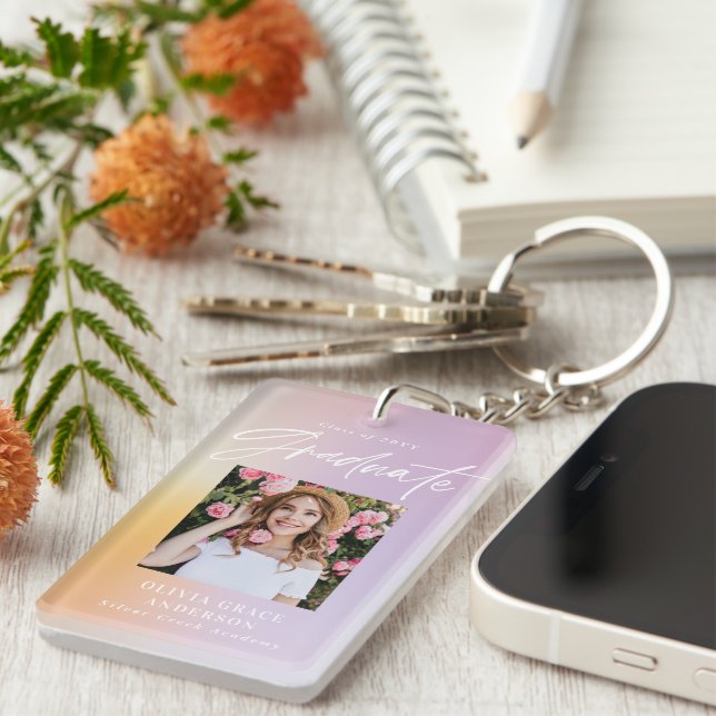 Modern pastel rainbow pink photo graduation party key ring (Front Right)