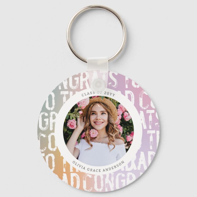 Modern pastel rainbow pink photo graduation party  key ring (Front)