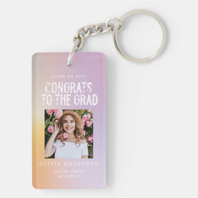 Modern pastel rainbow pink photo graduation party  key ring (Back)