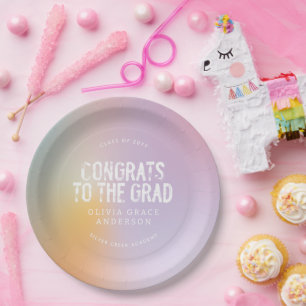 Modern pastel rainbow pink photo graduation party paper plate