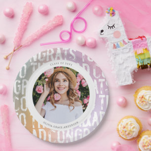 Modern pastel rainbow pink photo graduation party paper plate