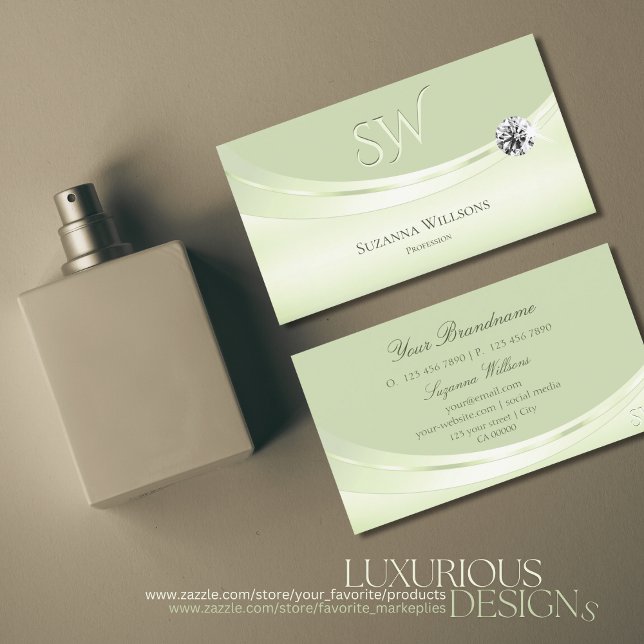 Modern Pastel Sage Green with Monogram and Diamond Business Card (Creator Uploaded)