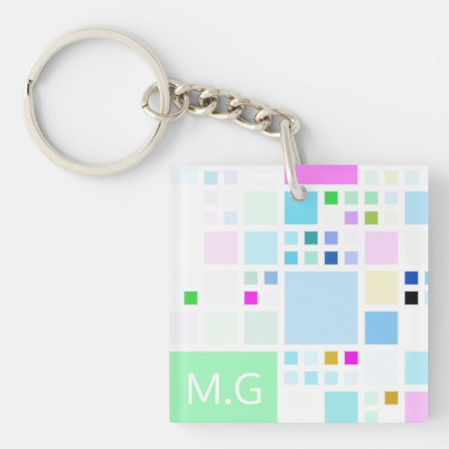 Modern Pastel Squares Geometric Art Monogram Key Ring (Front)