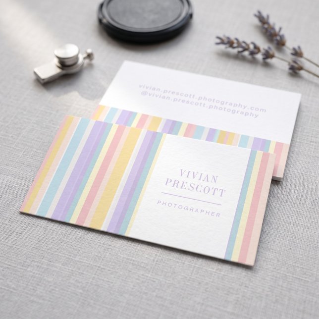 Modern Pastel Stripe Frame Design Business Card (Simulated business cards on table)
