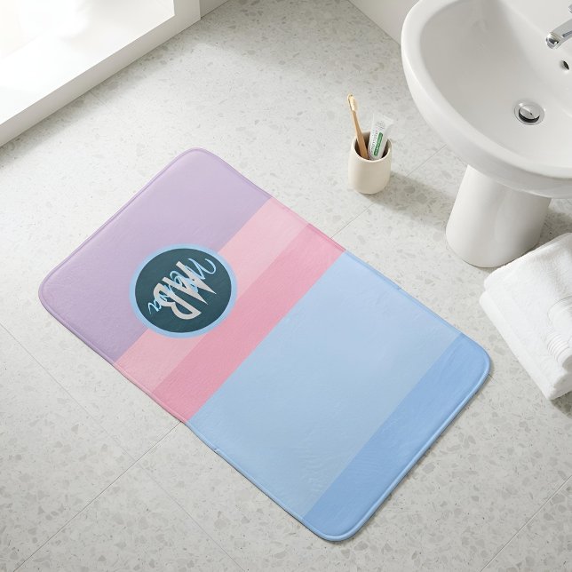 Modern Pastel Stripe Pink & Blue Personalised Bath Mat (Creator Uploaded)