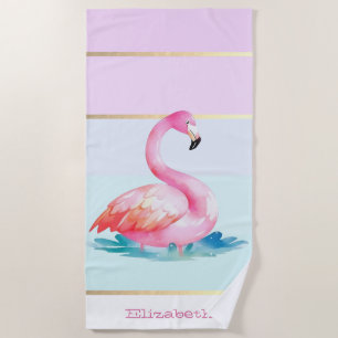 Modern Pastel Striped,Pink Flamingos  Beach Towel