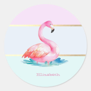 Modern Pastel Striped,Pink Flamingos Classic Round Sticker