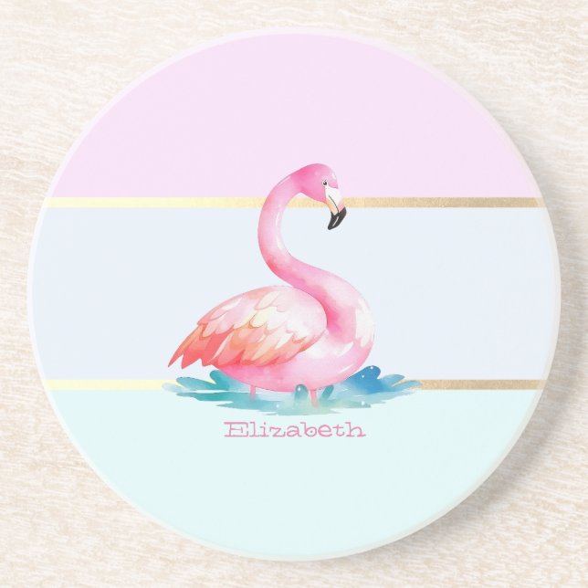 Modern Pastel Striped,Pink Flamingos  Coaster (Front)