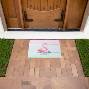 Modern Pastel Striped,Pink Flamingos  Doormat