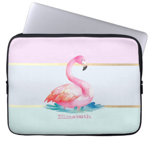 Modern Pastel Striped,Pink Flamingos  Laptop Sleeve
