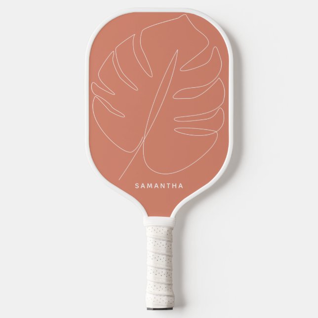 Modern Pastel Tangerine Tropical Leaf Line Drawing Pickleball Paddle (Front)