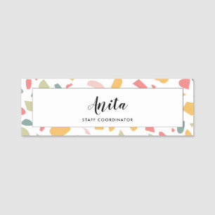 Modern pastel terrazzo pattern name tag