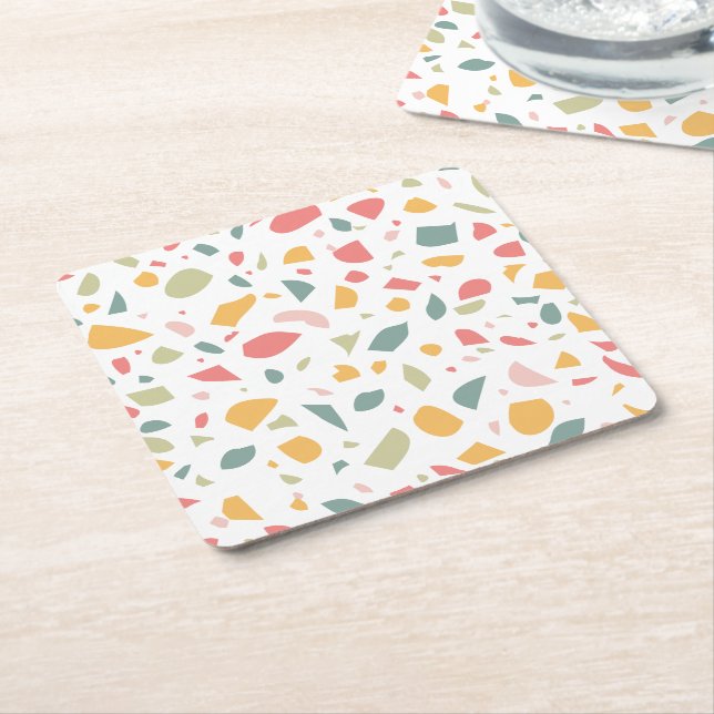 Modern pastel terrazzo pattern square paper coaster (Angled)