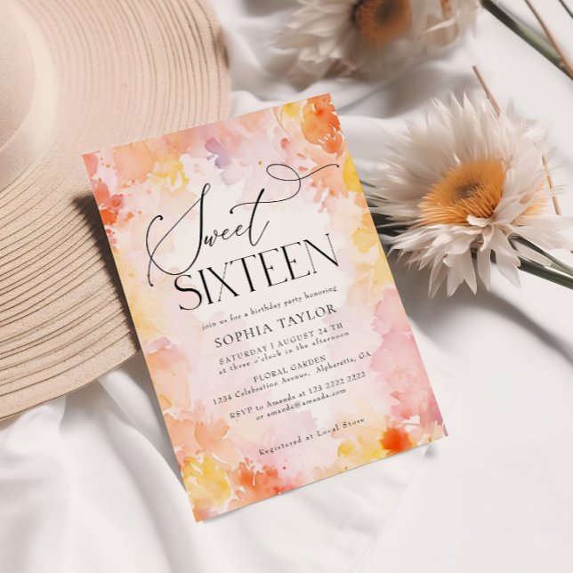Modern Pastel Watercolor Floral Sweet 16 Birthday  Invitation (Creator Uploaded)