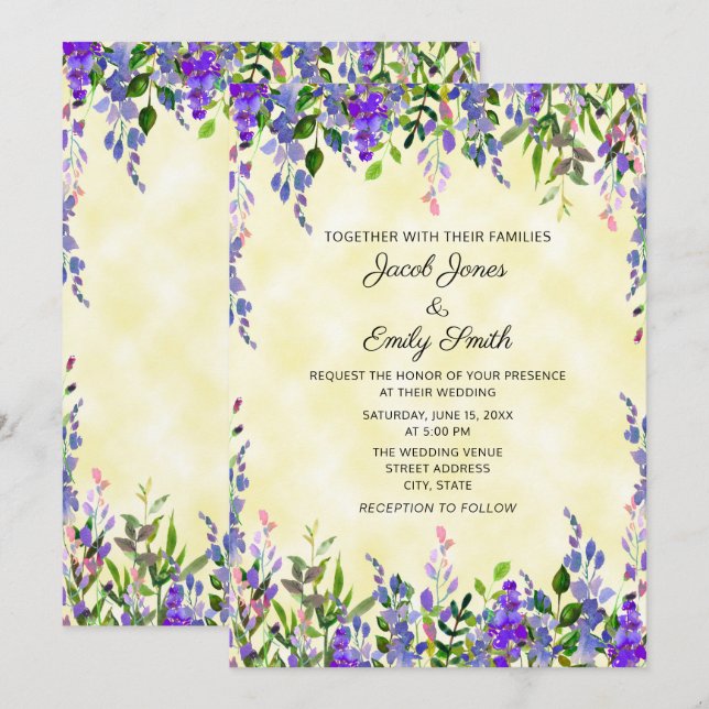 Modern Pastel Watercolor Lavender Yellow Wedding Invitation (Front/Back)