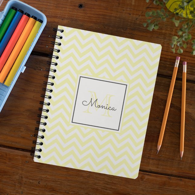 Modern Pastel Yellow Chevron Pattern Monogram Notebook (Creator Uploaded)