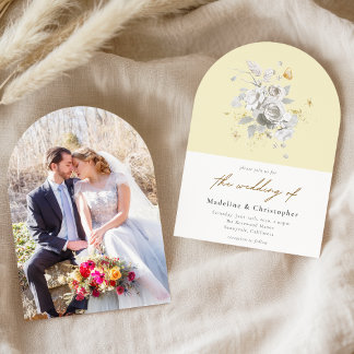 Modern Pastel Yellow White Floral Photo Wedding Invitation