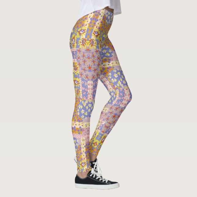 Modern Patchwork Daisy Flowers on Periwinkle Leggings (Right)
