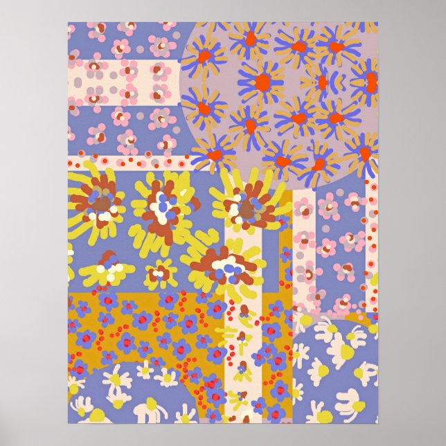 Modern Patchwork Daisy Flowers on Periwinkle Poster (Front)