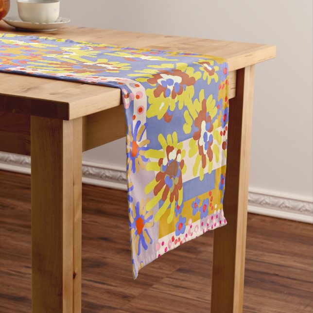 Modern Patchwork Daisy Flowers on Periwinkle Short Table Runner (In Situ)
